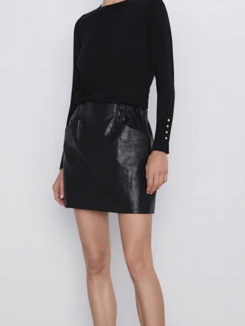 Sz S Zara Black Faux Leather Elastic Waist Skirt with Pockets